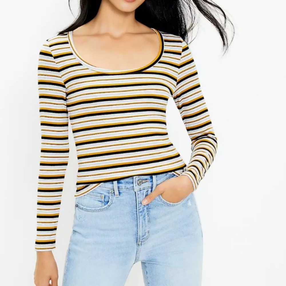 Loft Stripe Long Sleeve Pullover Size Large Navy / Mustard Preppy